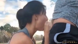 French milf outdoor blowjob cum in mouth