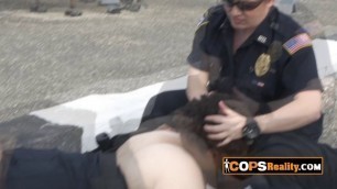 Nasty deep throat on the rooptop by naughty MILFs officers and black suspect's huge cock.