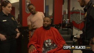 Milf cops take suspect in barbershop and make him bang their horny cunts