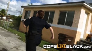 Foursome at a police operation with a black dude with huge cock and three horny milfs cops