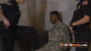 Fake soldier is getting his huge black cock sucked by sexy and busty MILFs at police station.