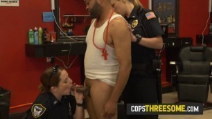 Barbershop is raided by horny milf cops looking for hard cock