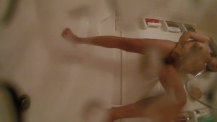 Sexy tattoed milf with great tits masturbates with toy in shower, very hot