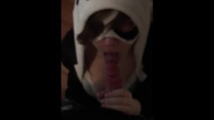 Teen in panda onesie sucks cock while looking cute