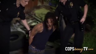 Outdoors interracial threesome on cops reality porn show with busty real sexy milfs