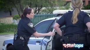 Brunette bites blonde cop's HUGE NIPPLES while gets fucked