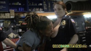 Police women fuck this young Rasta man on the car shop